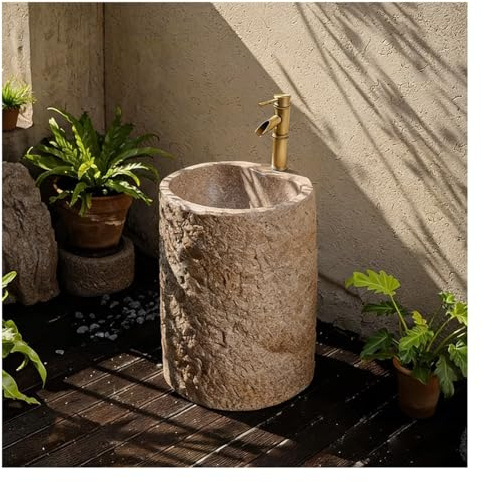 Sxlawesom Lavabo sur Colonne Circulaire pour intérieur ou extérieur, Lavabo sur Colonne en Imitation Pierre avec robinetterie en Laiton (Eau Chaude et Froide)(Short)