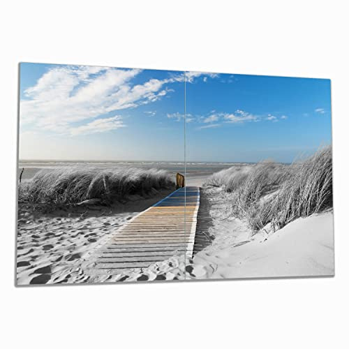 Wallario Herdabdeckplatte/Spritzschutz aus Glas, 2-teilig, 80x52cm, für Ceran- und Induktionsherde, Auf dem Holzweg zum Strand in schwarz-weiß Optik