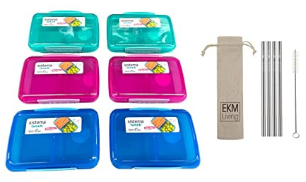 Sistema Lunchbox 6er Set Vorteilspack Familienset small Split 2fach unterteilt 350 ml 2x türkis, 2x pink und 2x blau 41518 + 4er Set EKM Living Edelstahl Trinkhalme