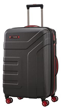 travelite 4-Rad Koffer Größe M mit Dehnfalte + TSA Schloss, Gepäck Serie VECTOR: Robuster Hartschalen Trolley in stylischen Farben, 072048-01, 70 cm, 79 Liter (erweiterbar auf 91 Liter), schwarz/rot