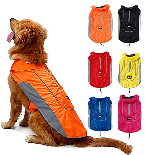 TFENG Reflektierend Hundejacke Brust 62-74cm, Rückenlänge 45cm Wasserdicht Hundemantel Warm gepolstert Puffer Weste Welpen Regenmantel mit Fleece (Größe XL, Orange)
