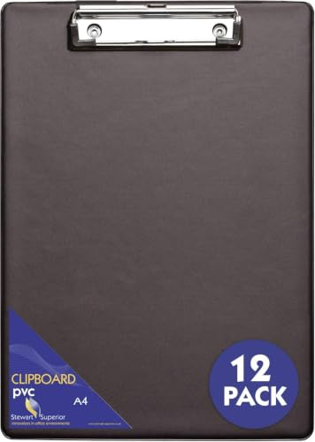 SECO Stewart Superior A4+ PVC beschichtetes Klemmbrett mit Hochleistungsklammer - Schwarz (12er Pack)
