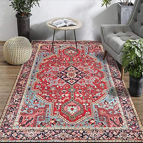 Fancytan blommig orientalisk formell traditionell matta röd, modern samtida traditionell vardagsrumsmatta, lätt att rengöra, 60 x 90 cm