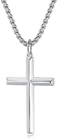 FANCIME 925 Sterling Silber Weiß Vergoldet Kreuz Anhänger mit Edelstahl Kette für Herren Jungs Kinder - Kettenlänge: 60 cm