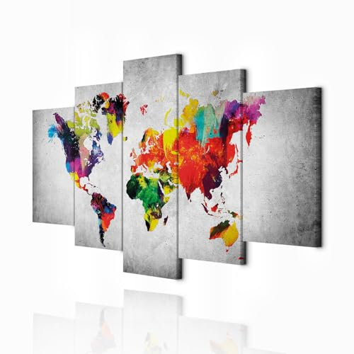 decomonkey Bilder Weltkarte 200x100 cm 5 Teilig Wandbild Groß Leinwandbild XXL Deko Wohnzimmer Schlafzimmer Büro Wanddeko Leinwand Pictures For Wall Poster Wall Painting Welt Kontinent Landkarte