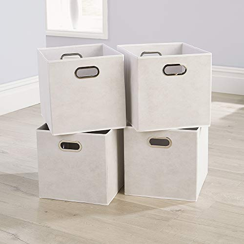Home Source Cube Storage Boxes, Collapsible Fabric Storage Baskets, Foldable Canvas Organising Boxes, 4 Piece, Off White