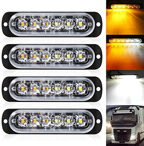 Defvnsy 6 LED Stroboscopique Voiture Avertissement Light Bar Véhicule d'urgence LED Voiture Camion Beacon Lampe D'avertissement Blanc Ambre Feu De Circulation 12V-24V DC (Pack de 4)