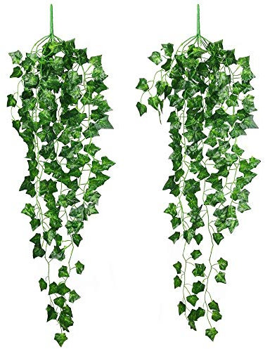 SMALUCK Artificial Hanging Vines Plants 2 Packs Plastic Fake Trailing Weeping Ivy Greenery Drooping Plant for Porches Patio Garden Wedding Hanging Pot Basket Decoration