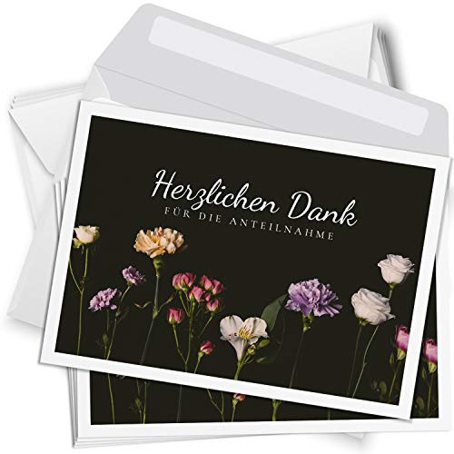 Einladungskarten Manufaktur Hamburg Trauer Danksagungskarten mit Umschlag | Motiv: Blumen schlicht, 10 Stück | Dankeskarten Din A6 Set | Trauerkarten Danksagung Danke sagen