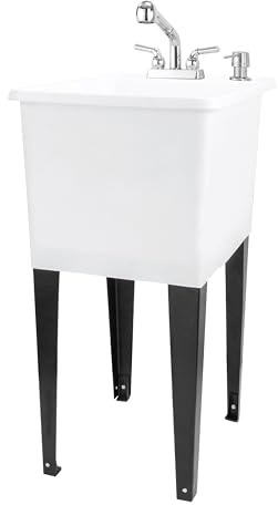 Space Saver Utility Sink by JS Jackson Supplies, Pull-Out Faucet, Soap Dispenser, White Tub with Chrome Plated Faucet
