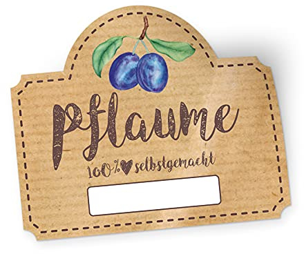 itenga 50x Marmeladen Etikett Erdbeere Aufkleber 100% selbstgemacht Sticker braun selbstklebend für Marmelade Einmachgläser Geschenke - hochwertiges Papier - 4,5x3,8cm (Pflaume)