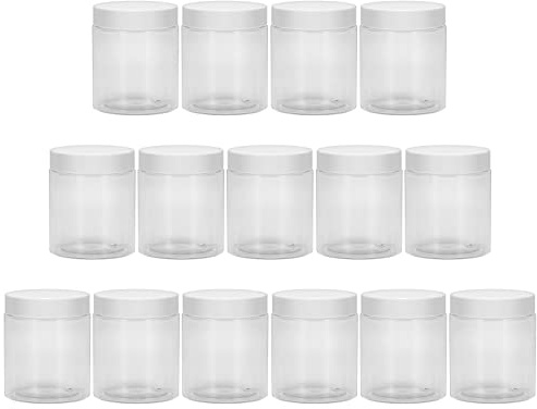 Yishik 15 Pack 8oz Round Plastic Jars with Screw White Lids | Refillable 250ml PET Clear Storage Jars for Slime Making,Cosmetic,DIY Crafts,Kitchen Storage(40 labels as gift)