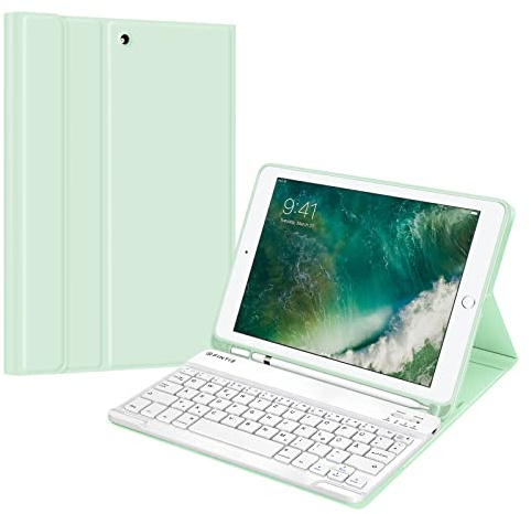 FINTIE Tastatur Hülle für iPad 9.7 2018/2017 (5./6. Generation), Air 2/1 | Soft TPU Rückseite Gehäuse mit Stifthalter, magnetisch Abnehmbarer Bluetooth Tastatur (QWERTZ Layout), Grün