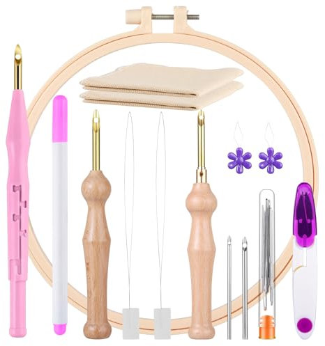 Stickerei Starter kit, Stickgarnituren Verstellbare Garnstanznadel Punch Needle , Stickstift aus Holzgriff, Stanznadeltuch, Nadelfädler, für Handwerk Stitching Applique-Verzierungen Anfänger(Rosa)