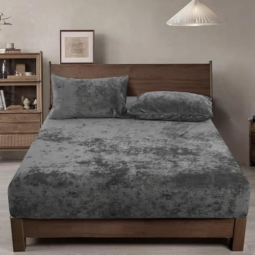 PHF Truly Velvet Fitted Sheet Only Queen Size, Luxury Super Soft Cozy Fuzzy Fleece Bottom Sheet with Deep Pocket Up to 16,Suitable for Fall Winter Spring, No Pillowcases, Charcoal/Dark Grey