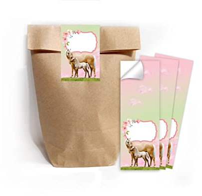 Junapack 12 Geschenktüten (Natur) + 12 Aufkleber Pferd mit Fohlen für Mitgebsel Gastgeschenk beim Kindergeburtstag Mädchen