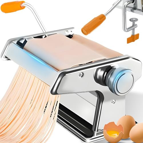 Retoo Máquina manual de pasta de acero inoxidable, máquina de pasta, máquina de pasta para espaguetis, lasaña, tagliatelle, máquina de rodillo con pinza de mesa, cortador de pasta, color plateado