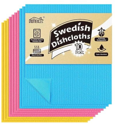 HOMEXCEL 10 Pack Swedish Dish Clothes, Reusable Sponge Cloth, for Kitchen, Counters Washing Dishes, Highly Absorbent,3 Colors Assorted