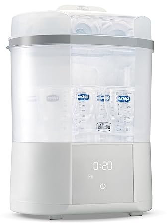 Chicco Stérilisateur Electrique pour Biberons, Tire-lait et Tétine, avec 3 Configurations et 3 Cycles d'Utilisation, Fonction de Séchage, Convient au Micro-ondes, jusqu'à 6 Biberons de 330 ml, Blanc