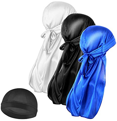 Molain Gorra De Seda para Hombre 3 Unidades con Ondas De Seda Y 1 Gorro De Durag Sedoso con Cola Larga Elástico Suave Transpirable Sedoso Ondas 360 720 Color Negro Negro Taille Unique