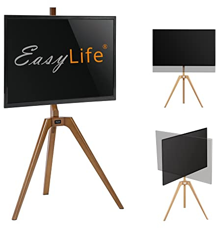 EasyLife – TV-stativ trästaffli tripod – studio TV-stativ upp till 65 tum och 40 kg TV/bildskärm, vridbar, höjdjusterbar, kabelhantering, VESA upp till 400 x 400 (svart/valnöt)