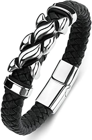 KnSam Armband Leder, PU Leder Armreifen Gewebt Armband Herren mit Gravur Edelstahl Handhandgelenk Kette Silber Schwarz mit Magnet Verschluss, Länge 20CM Männer Geschenke