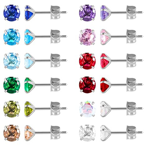 Lot de 12 paires de boucles d'oreilles à tige en acier inoxydable chirurgical plaqué or 18 carats, étoile en forme de cœur en forme de larme, pierre de naissance carrée en oxyde de zirconium
