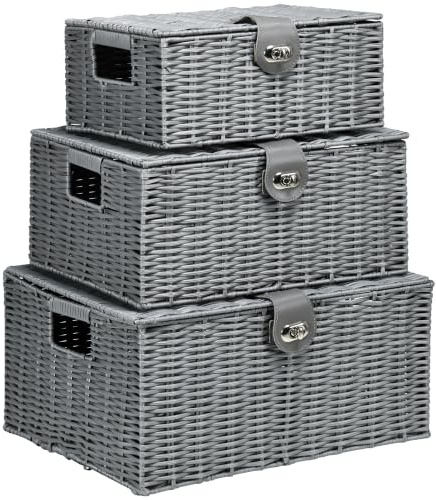 HOMCOM Aufbewahrungskorb 3er-Set Aufbewahrungsbox mit Deckel Grau | Schnallen, Aufbewahrungsboxen aus Kunstrattan, Schlafzimmer, Wohnzimmer
