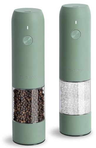 TLYSXPRO Electric Salt and Pepper Grinder Set, USB Rechargeable, Automatic Salt and Pepper Mill Grinder with Adjustable Coarseness, Electric Salt Shakers, LED Light, Refillable (2 Packs, Sage)