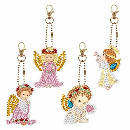 4 Stück Diamantmalerei Schlüsselanhänger, 5D Engel Mädchen DIY Diamant Anhänger für Kinder und Erwachsene Anfänger, Anhänger Kunst Handwerk Tasche Dekor, Handy Riemen Geschenk, Weihnachtsbaumschmuck,
