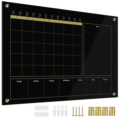 Marribol Black Glass 3-1 Monthly Dry Erase Calendar Whiteboard for Wall,24x 36,Frameless Mounting,Office/School/Home, Frameless Large Planner White Board