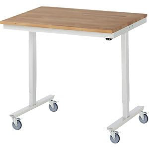Elektrisch höhenverstellbarer Arbeitstisch, fahrbar, Buche massiv, Plattenbreite 1000 mm.