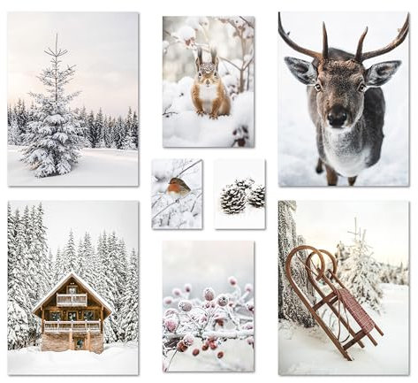 ARTFAVES® Poster Set - WINTER WONDERLAND - mehrteilige Wanddeko Wohnzimmer & Schlafzimmer - 8 moderne Wandbilder Weihnachten, Schnee, Reh, Schlitten, Natur - ohne Bilderrahmen