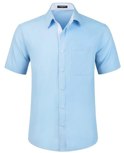 HISDERN Men's Short Sleeve Blue Shirt Regular Fit Formal Casual Button Down Business Shirt with Chest Pocket,XL