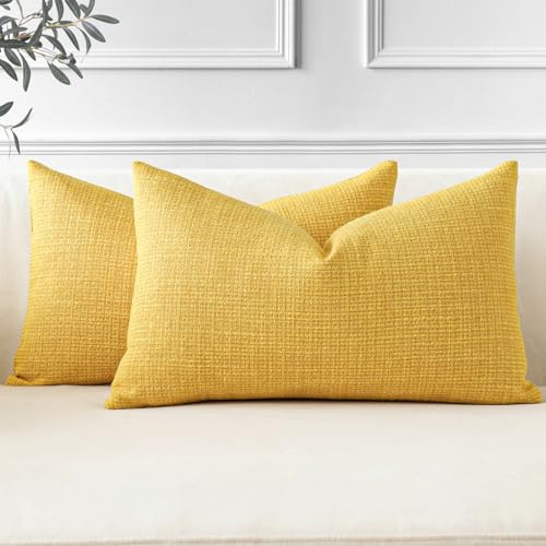 JOTOM 2er Set Leinen Kissenbezüge, Dekorative Weich Einfarbig Wurf Kissenbezug Moderne Kissenhüllen Sofakissen Dekokissen Zierkissenbezug für Wohnzimmer Schlafzimmer Deko (40x60cm, Gelb)
