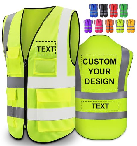 Greaxid Gilet de sécurité personnalisé pour hommes, vêtements de travail de protection réfléchissants haute visibilité avec 5 poches pour la Construction en extérieur, S ~ 5XL