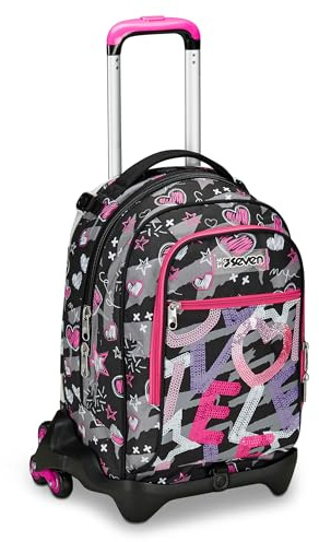 Seven Zaino Trolley Scuola Elementare Bambina 3 ruote, Zaino Sganciabile, Doppio Uso, Spallacci a Scomparsa, nero rosa