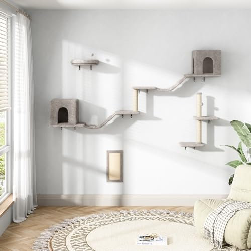 COZIWOW 8-in-1 Katzenwandmöbel Set - Wandmontierte Katzenkletterwandregale mit Baum, Sitzstange, Kratzbaum und Brücke für große Katzen (Grau)
