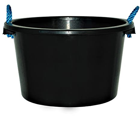 Black - 70L Litre Extra Large Heavy Duty Multipurpose Plastic Builder Bucket/Tub with Blue Rope Water tub Storage Bucket Plasterers Mixing Cement Muck Buckets - Made in UK