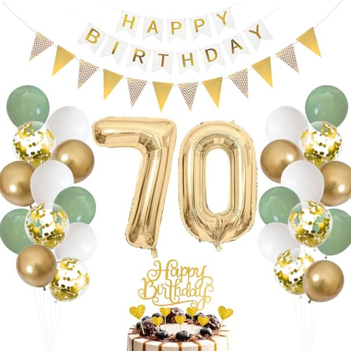 70. Geburtstag Deko Salbeigrüne - Luftballon für Männer und Frauen, Ballon Grün Weiß Gold, Zahl 70 Folienballon, Tortendeko für 70. Dekoration