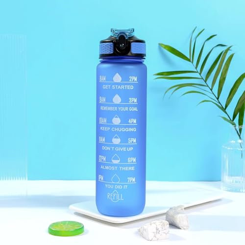 1 Litre Motivational Fitness Sport Water Bottle with Straw & Time Marker, Guaranteed Leak-Proof Design, BPA-Free Plastic Drink Bottle, Designed for Gym, Running, Cycling - Blue
