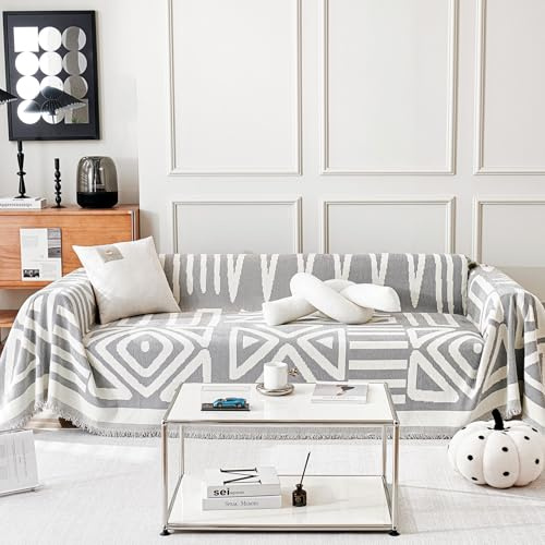 TAOTAOGO Sofaüberzug für 2/3 Sitzer, L-förmige Ecksofas, Boho AB Seiten Chenille Sofa Überwurfdecke, Waschbar Sofaüberwurf, Ganzjährig Nutzbar Couchüberzug mit Quasten, A Grau 180x300cm