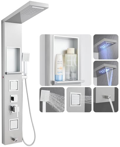 ROVOGO Duschpaneel mit Ablage und Armatur, 5 Funktionen Duschsäule mit LED: Wasserfall- und Regen Duschkopf, 2 Groß Massagedusche, Handbrause, Wanneneinlauf, Duschpaneele Komplett, Edelstahl Gebürstet