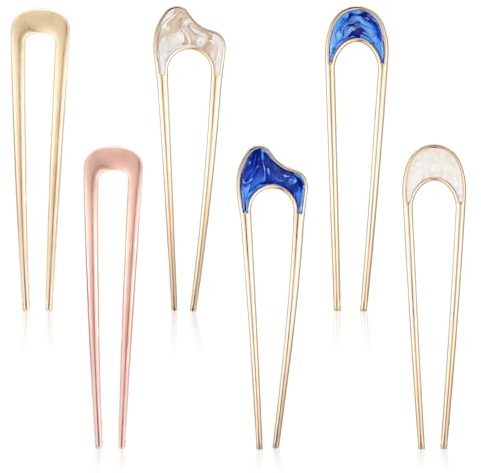 Nogeqi 6 Pcs Metal U Pins for Hair Bun, Vintage Hair Fork Pin for Women, French Twist Hair Pin, U Shaped Hair Pins Gold Silver Chignon Hair Pin for Thick Thin Hairstyles Accessories