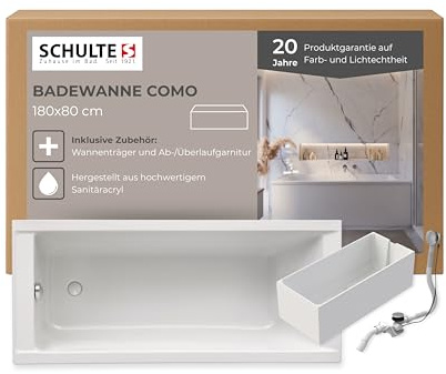 Schulte Badewanne Como 180x80 cm, Acryl Badewanne Komplettset mit Wannenträger und Ablauf, Weiß glänzend