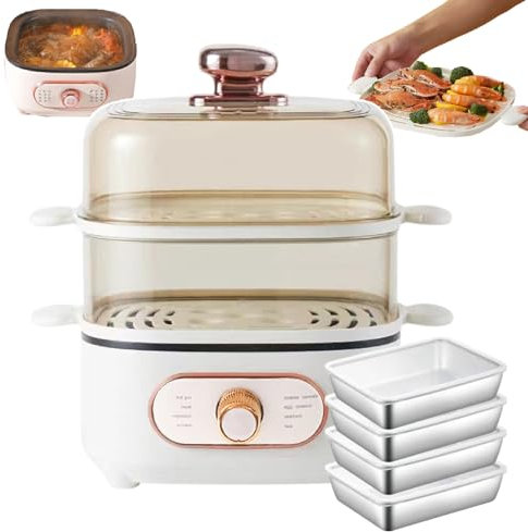 forplubossmmp Vaporiera Elettrica 2 in 1, Pentola Elettrica con 2 Fette al Vapore, capacità 10,5L Cuociriso Staccabili con Cuscinetto Antiscivolo per Domestico(con 4 Scatole in Acciaio Inossidabile)