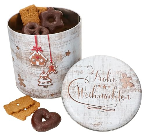 MamboCat Gebäckdose Frohe Weihnachten I Ø 20,5cm, Höhe 20,3cm I winterliches Dekor I runde Plätzchen-Dose, Vorratsdose, Metall-Box, Keksdose I Weihnachten