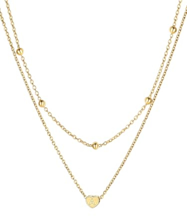 FOCALOOK Collar Mujer 2 Capas Acero Inoxidable 316L Choker Bolitas con Colgante Corazón Letra Inicial A Joyería Romántica Pareja Nombres Personalizados