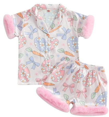 XIXIMAON 1-10Y Baby Girls Easter Pajamas Set Short Sleeve Button Down Easter Eggs Carrot Print Feather Trim Satin Shirt Elastic Shorts Set 2pcs Sleepwear (Pink, 3-4 Years)