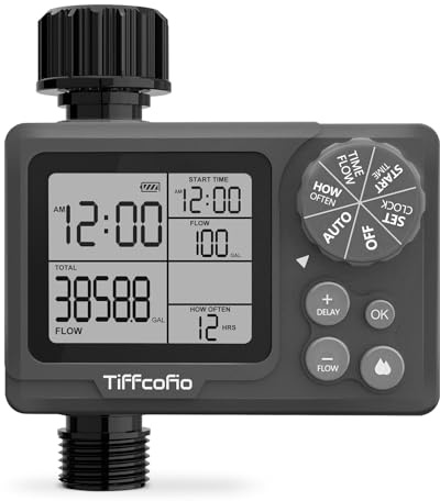 TiFFCOFiO Sprinkler Timer Outdoor, Digital Programmable for Garden Hose, Irrigrtion Timer with Rain Delay and Manual Mode (Water Volume Control, 1 Pack)